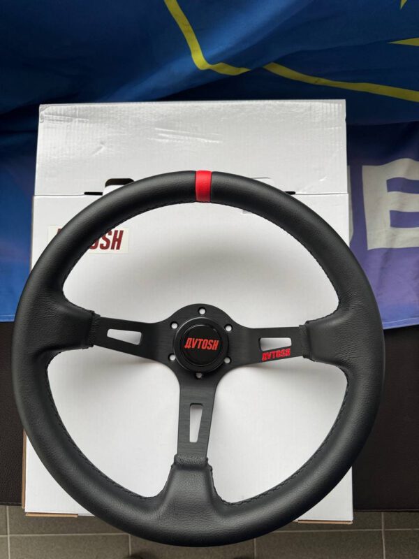 Front product view of the black Avtosh steering wheel with red centre marker and branded centre button.